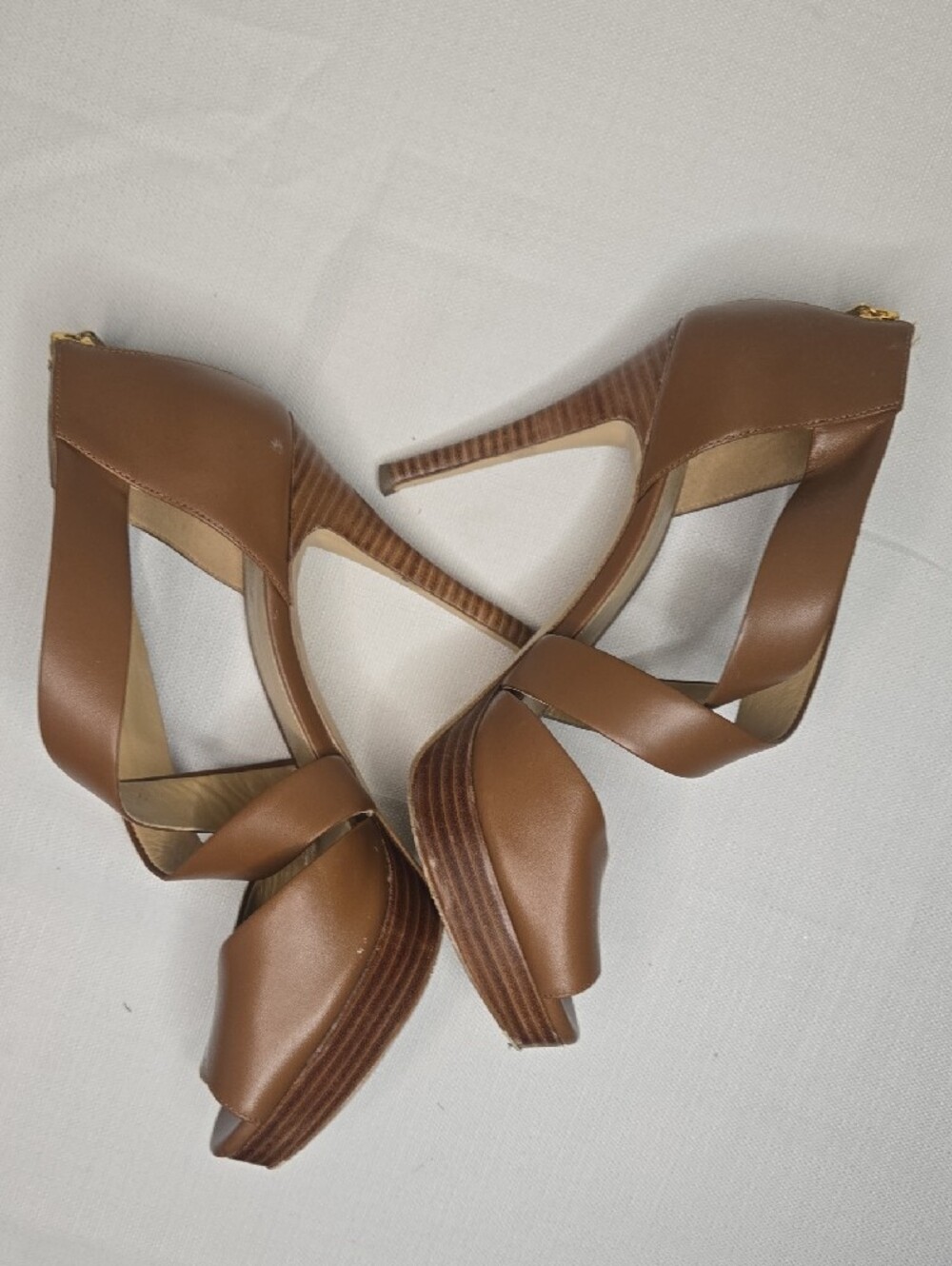 MICHAEL Michael Kors Cognac Brown Leather Crisscross Peep-Toe Heels - Picture 2 of 5